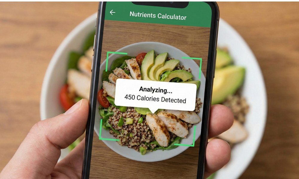 Smartphone using Nutrients Calculator app to scan avocado toast and count calories without weighing.