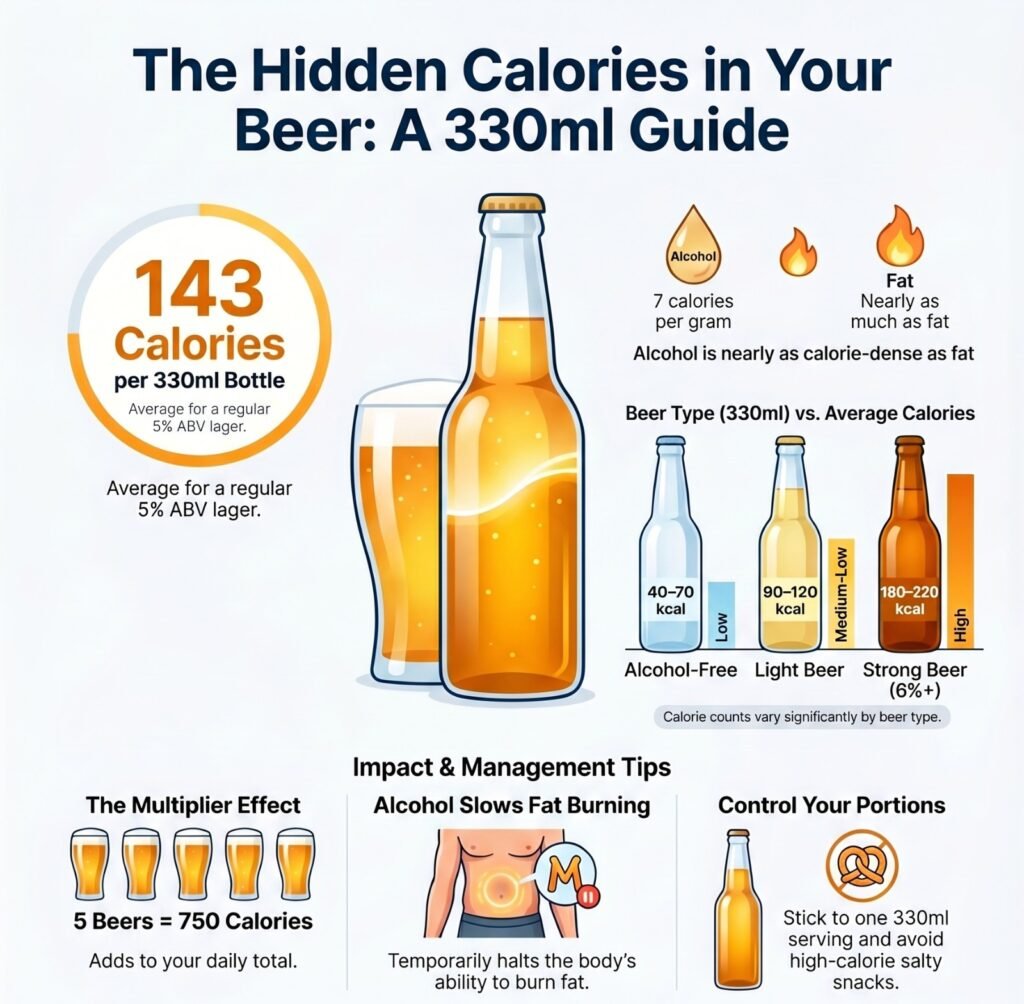 how many calories are in a 330ml bottle of regular beer