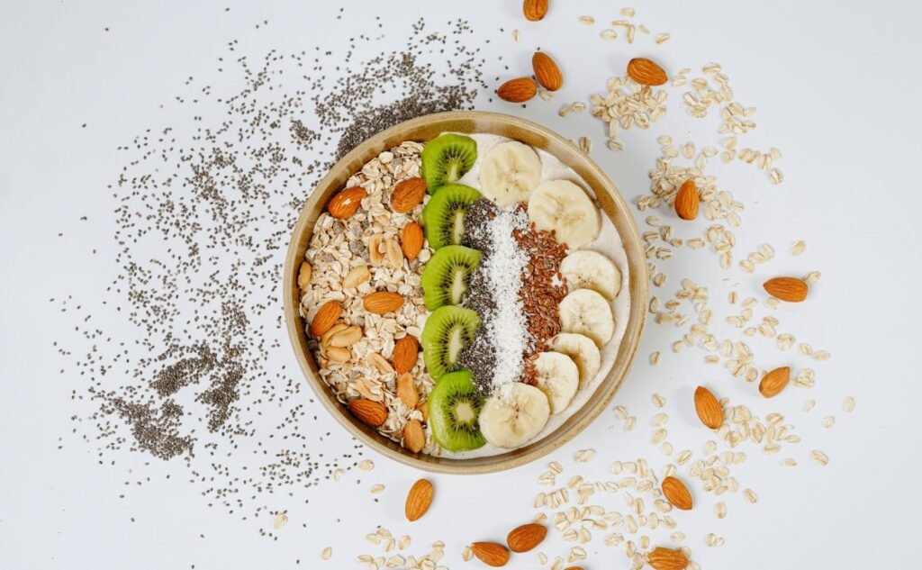 Ingredients for high protein overnight oats: rolled oats, chia seeds, and Greek yogurt
